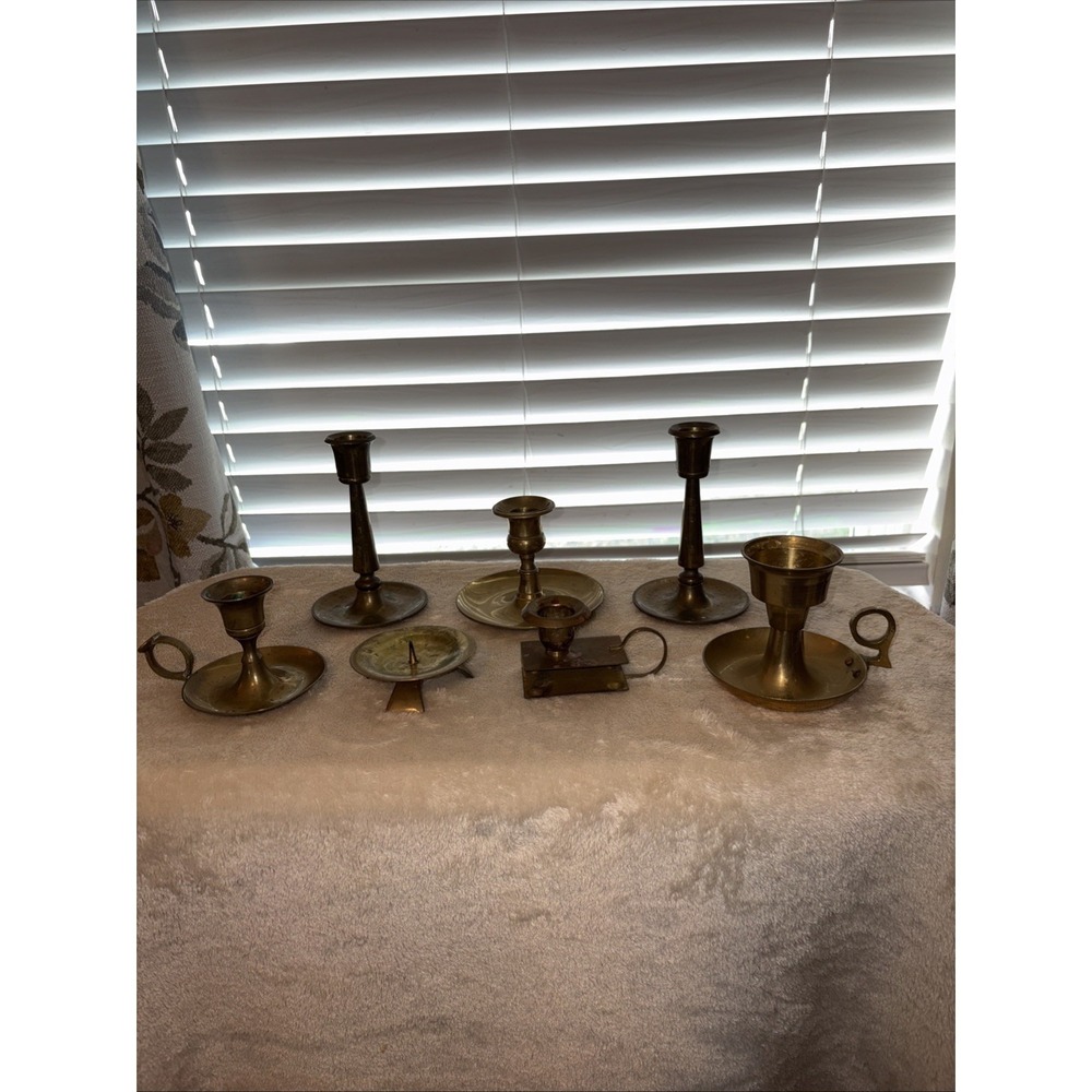 VTG Brass Candle Holders Lot of 7 Candlestick Cottage Core Cozy Patina